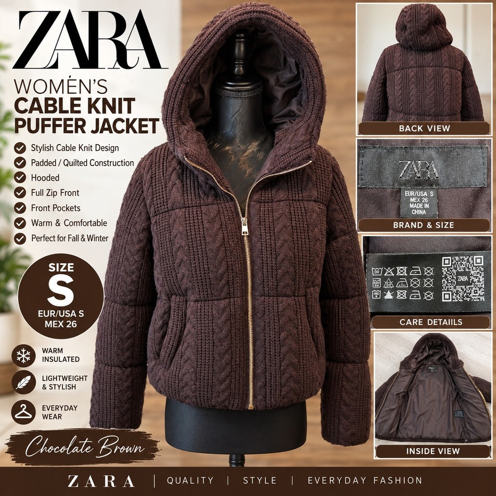 Zara Womens Chocolate Brown Cable Knit Puffer Jacket Hooded Full Zip Small